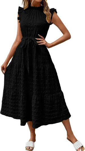 Summer Dresses for Women Ruffle Sleeve Neck Sundress High Waist Strappy Midi Dress Fashion Trendy Dressy Dresses