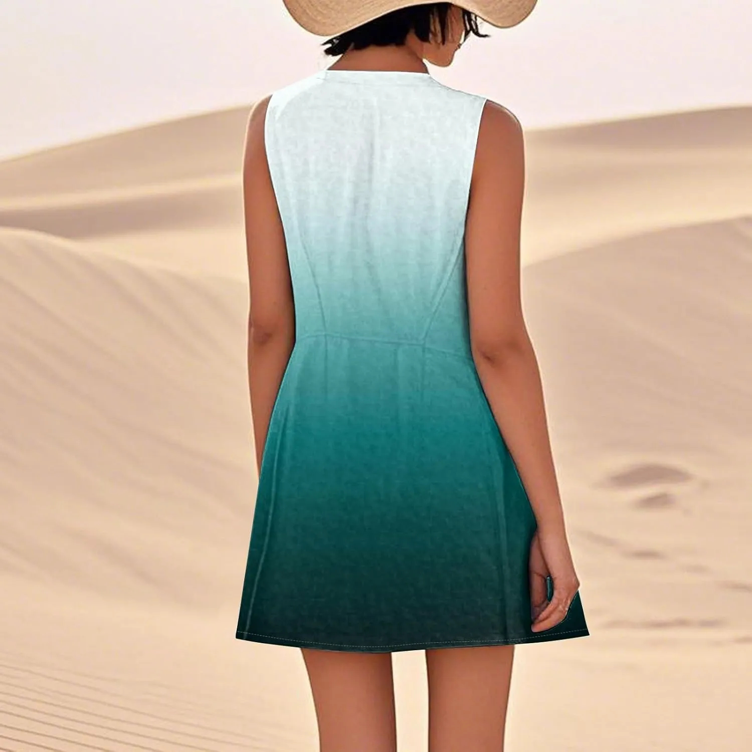 Summer Dresses for Women Sleeveless Sundress Printed Round Neck Tank Dress Loose Beach Vacation Dress with Pockets