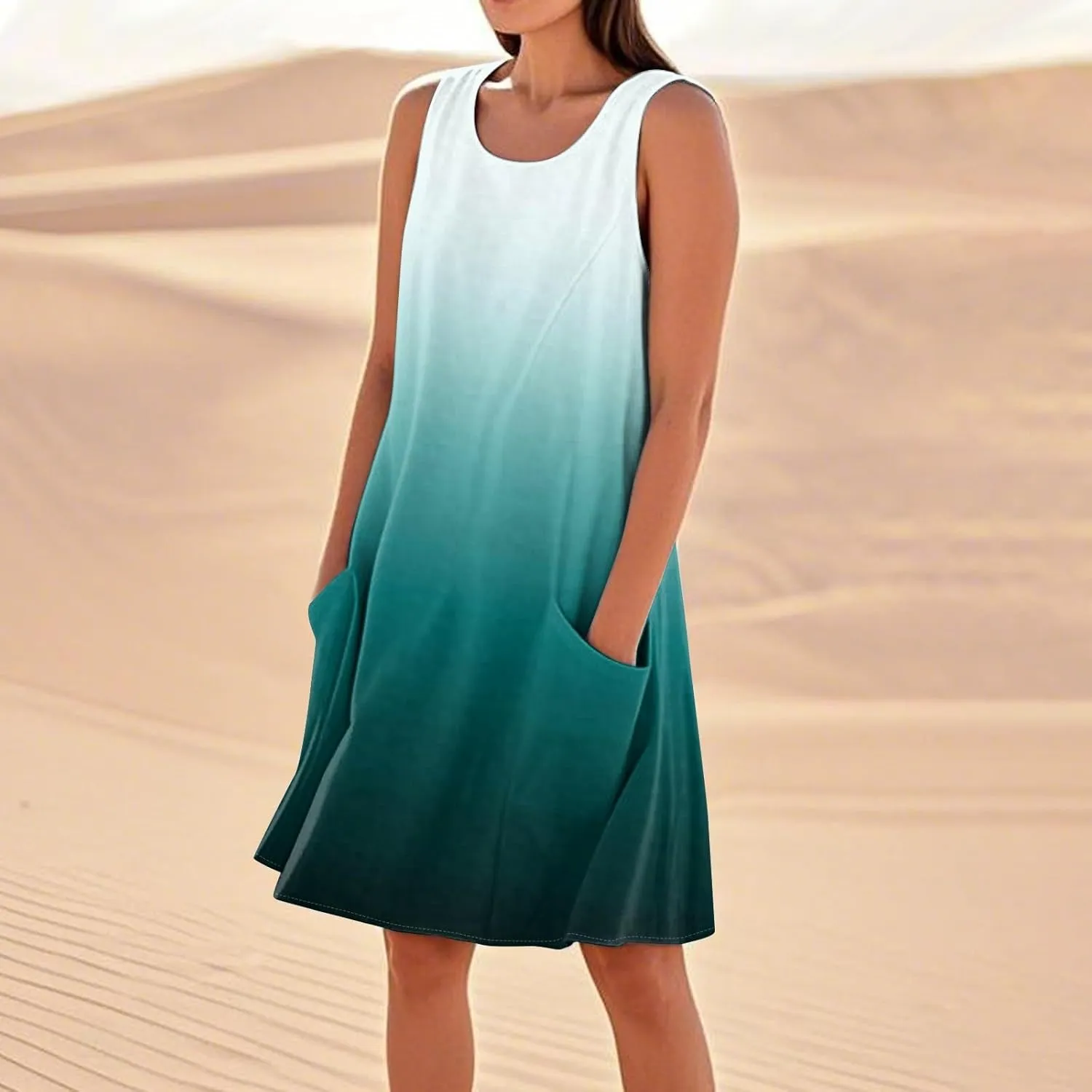Summer Dresses for Women Sleeveless Sundress Printed Round Neck Tank Dress Loose Beach Vacation Dress with Pockets