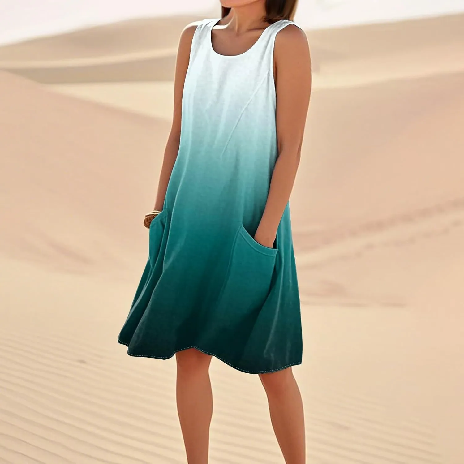 Summer Dresses for Women Sleeveless Sundress Printed Round Neck Tank Dress Loose Beach Vacation Dress with Pockets