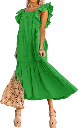 Summer Dresses for Women Square Neck Ruffle Sleeve Maxi Dress Ruffle Floral Fairy Tiered Swing Dresses Sundress 2025