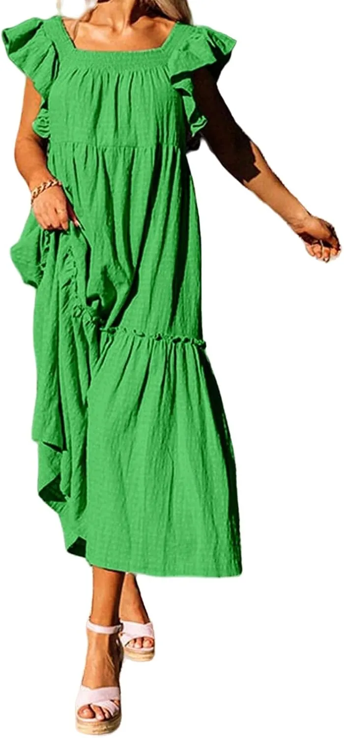 Summer Dresses for Women Square Neck Ruffle Sleeve Maxi Dress Ruffle Floral Fairy Tiered Swing Dresses Sundress 2025