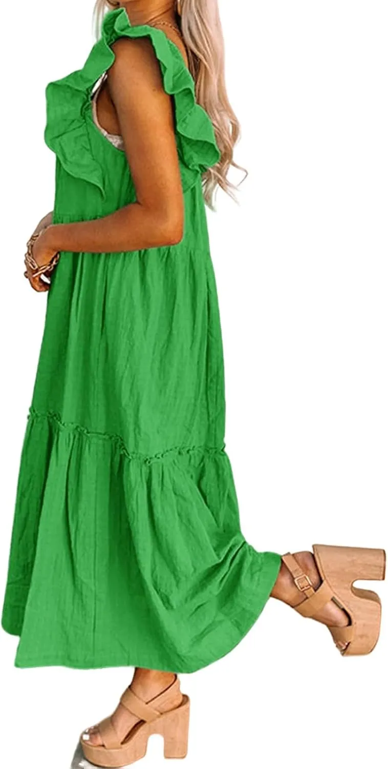 Summer Dresses for Women Square Neck Ruffle Sleeve Maxi Dress Ruffle Floral Fairy Tiered Swing Dresses Sundress 2025