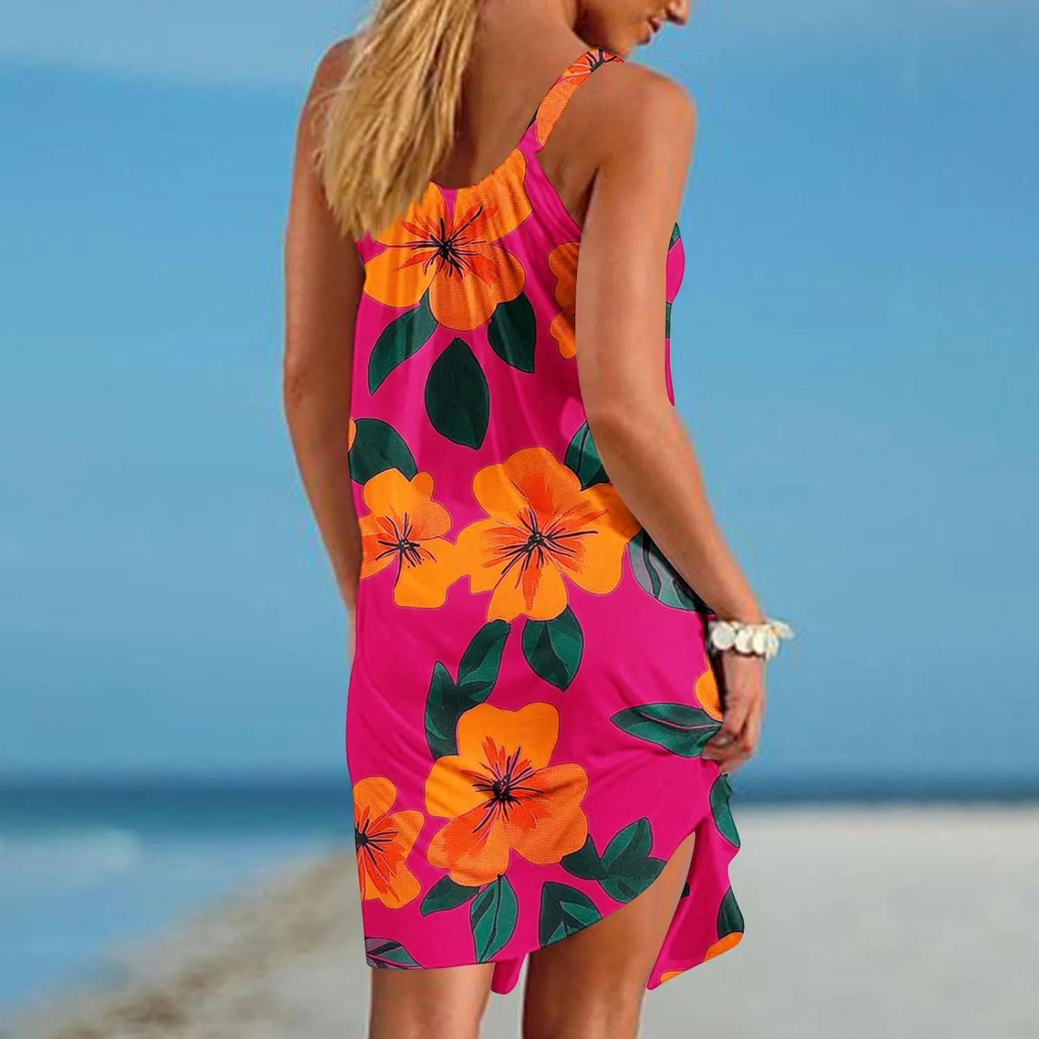 Summer Fashion Print Beach Short Dress for Women, Sleeveless Strappy Sundress Comfy Breathable Trendy Clothes