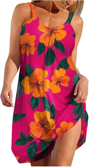 Summer Fashion Print Beach Short Dress for Women, Sleeveless Strappy Sundress Comfy Breathable Trendy Clothes