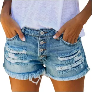 Summer Jean Shorts for Women Sexy High Waisted Ripped Destroyed Frayed Raw Hem Denim Shorts with Pockets