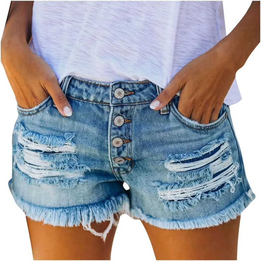 Summer Jean Shorts for Women Sexy High Waisted Ripped Destroyed Frayed Raw Hem Denim Shorts with Pockets