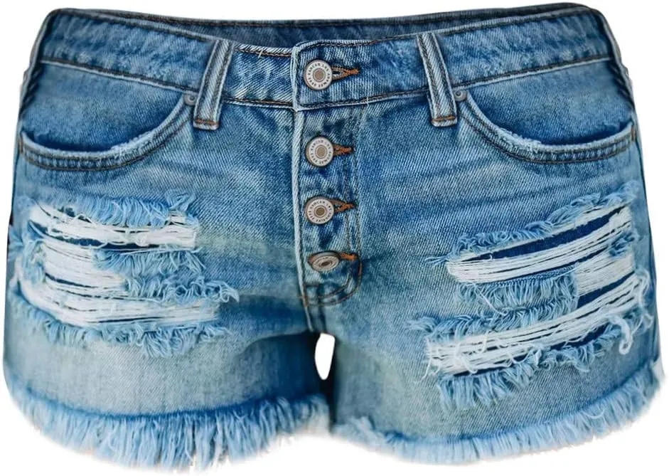 Summer Jean Shorts for Women Sexy High Waisted Ripped Destroyed Frayed Raw Hem Denim Shorts with Pockets