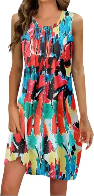 Sundresses for Women A Line Dresses Sleeveless Knee Length Dresses Midi Crewneck Summer Dresses 2025