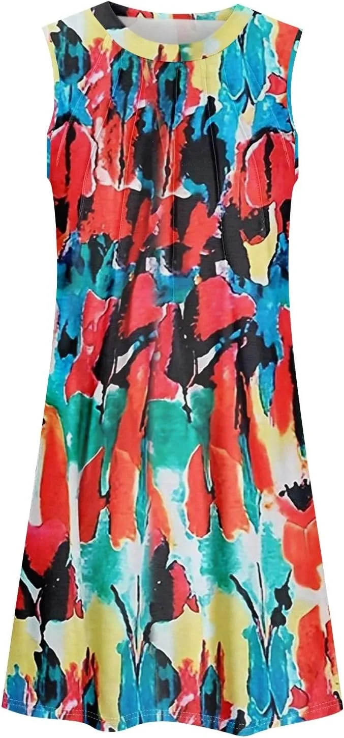 Sundresses for Women A Line Dresses Sleeveless Knee Length Dresses Midi Crewneck Summer Dresses 2025