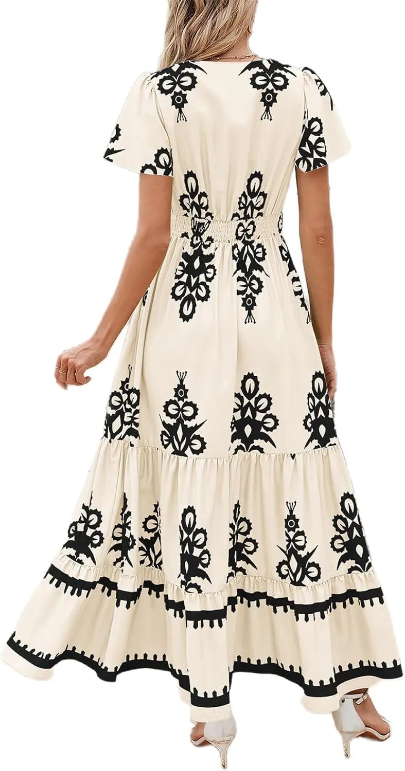 Sundresses for Women Boho Dress A Line V Neck Short Sleeve Dresses High Waist Flowy Floral Printed Dresses 2025