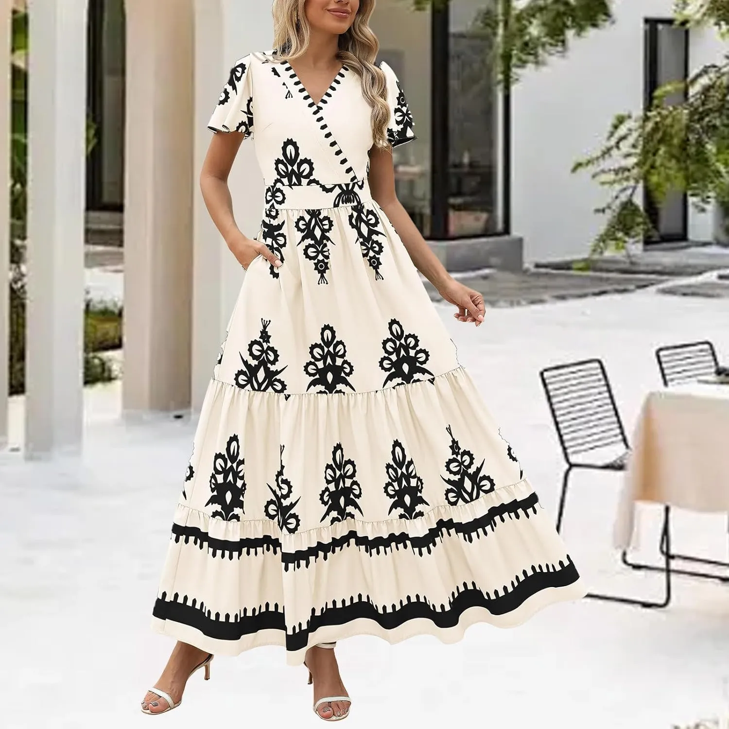 Sundresses for Women Boho Dress A Line V Neck Short Sleeve Dresses High Waist Flowy Floral Printed Dresses 2025