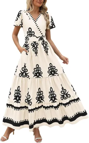 Sundresses for Women Boho Dress A Line V Neck Short Sleeve Dresses High Waist Flowy Floral Printed Dresses 2025