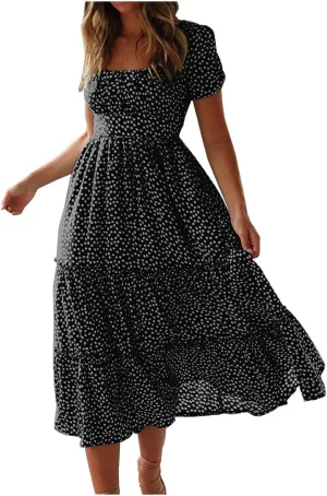 Sundresses for Women Boho Dresses Square Neck Puff Short Sleeve Midi Dress Floral Fashion Trendy Dressy Dress 2025