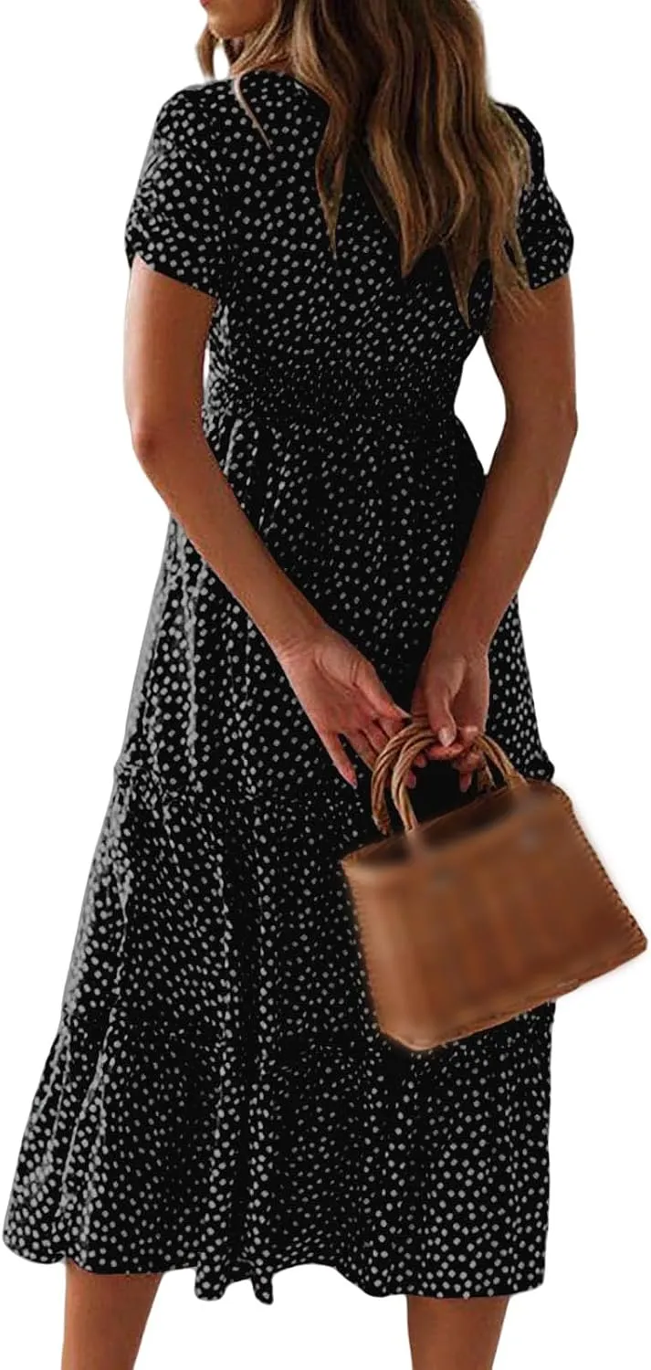 Sundresses for Women Boho Dresses Square Neck Puff Short Sleeve Midi Dress Floral Fashion Trendy Dressy Dress 2025
