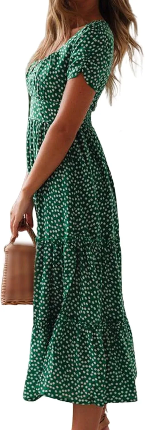 Sundresses for Women Boho Dresses Square Neck Puff Short Sleeve Midi Dress Floral Fashion Trendy Dressy Dress 2025
