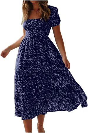 Sundresses for Women Boho Dresses Square Neck Puff Short Sleeve Midi Dress Floral Fashion Trendy Dressy Dress 2025