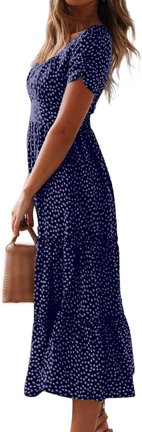 Sundresses for Women Boho Dresses Square Neck Puff Short Sleeve Midi Dress Floral Fashion Trendy Dressy Dress 2025