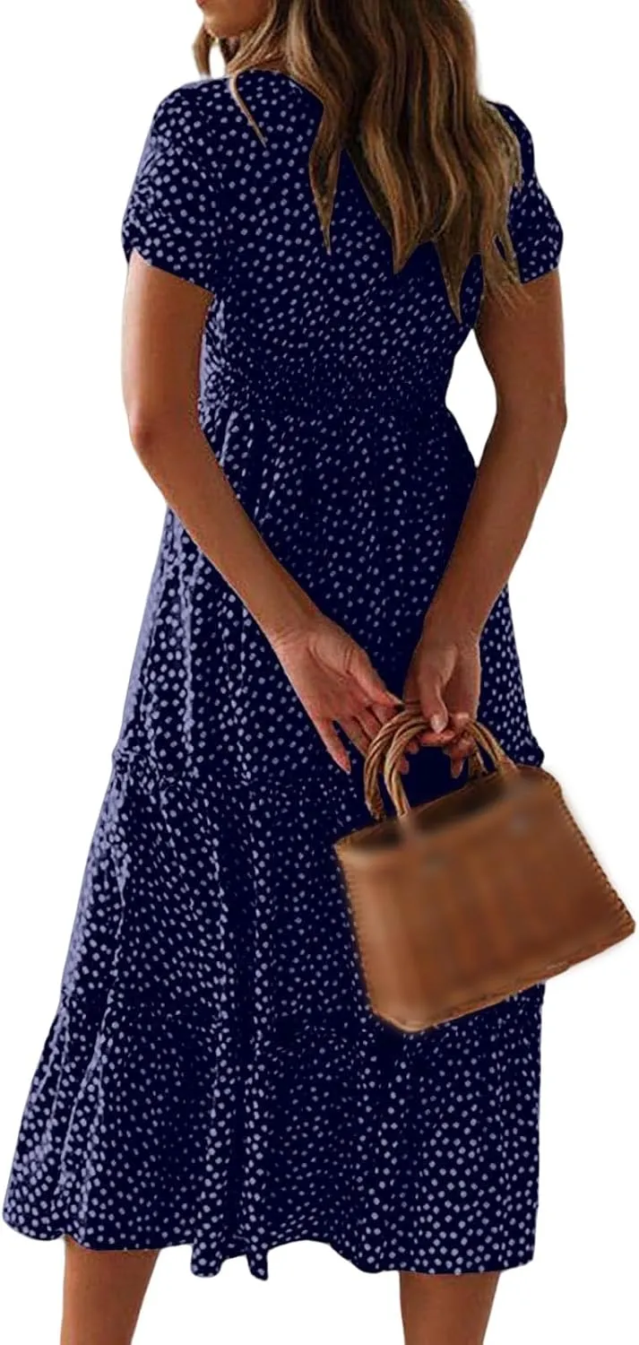 Sundresses for Women Boho Dresses Square Neck Puff Short Sleeve Midi Dress Floral Fashion Trendy Dressy Dress 2025