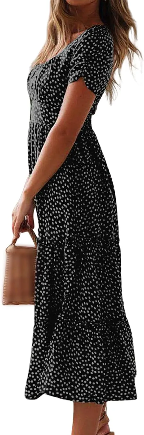 Sundresses for Women Boho Dresses Square Neck Puff Short Sleeve Midi Dress Floral Fashion Trendy Dressy Dress 2025