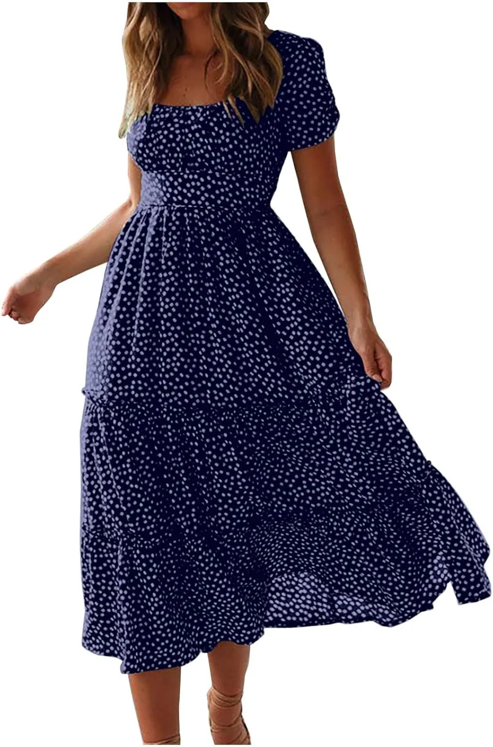 Sundresses for Women Boho Dresses Square Neck Puff Short Sleeve Midi Dress Floral Fashion Trendy Dressy Dress 2025