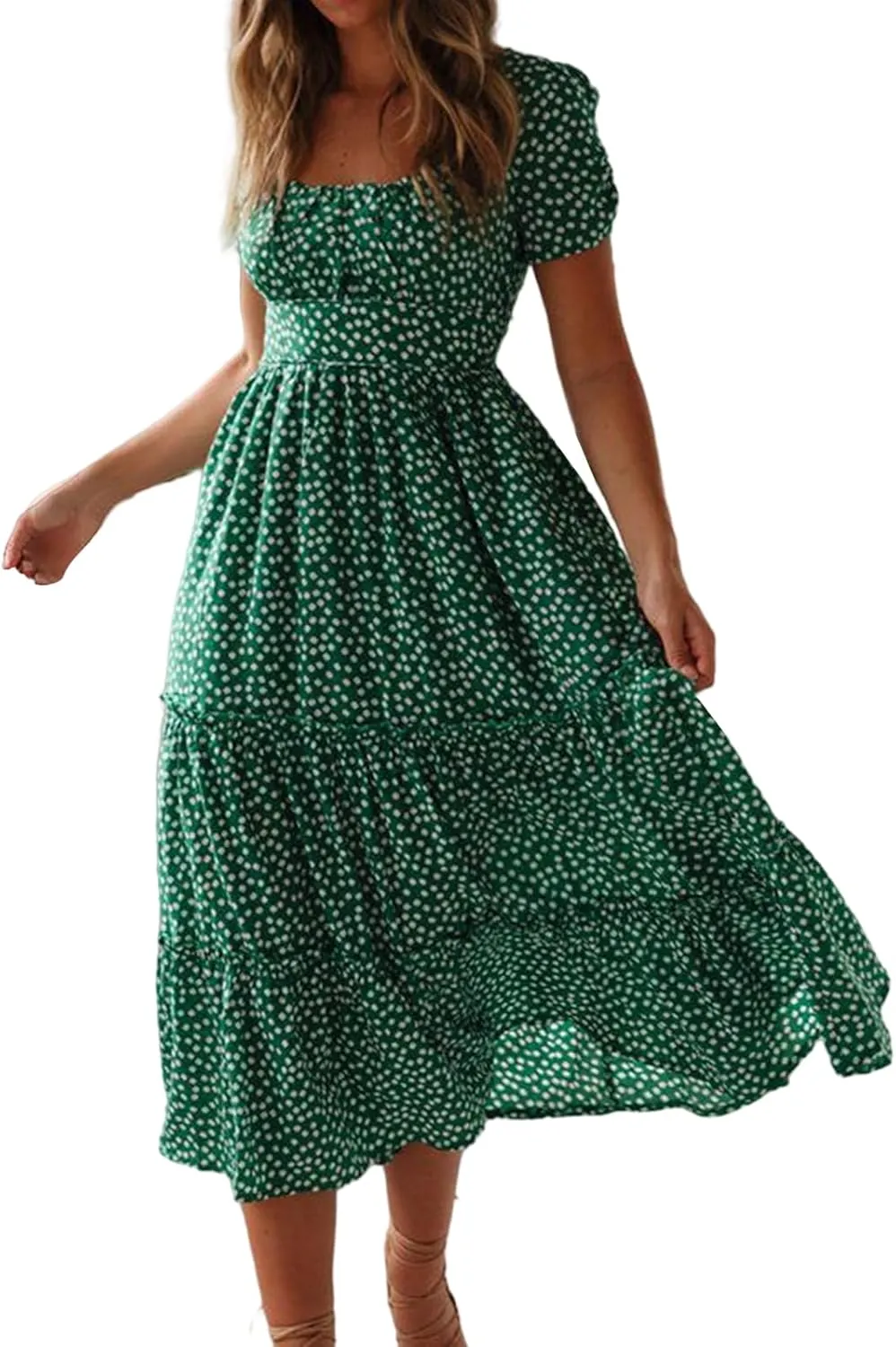 Sundresses for Women Boho Dresses Square Neck Puff Short Sleeve Midi Dress Floral Fashion Trendy Dressy Dress 2025