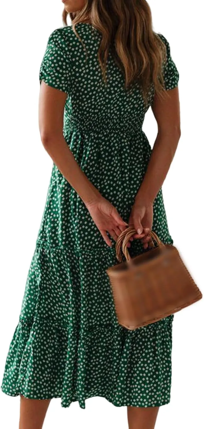 Sundresses for Women Boho Dresses Square Neck Puff Short Sleeve Midi Dress Floral Fashion Trendy Dressy Dress 2025