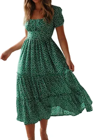 Sundresses for Women Boho Dresses Square Neck Puff Short Sleeve Midi Dress Floral Fashion Trendy Dressy Dress 2025