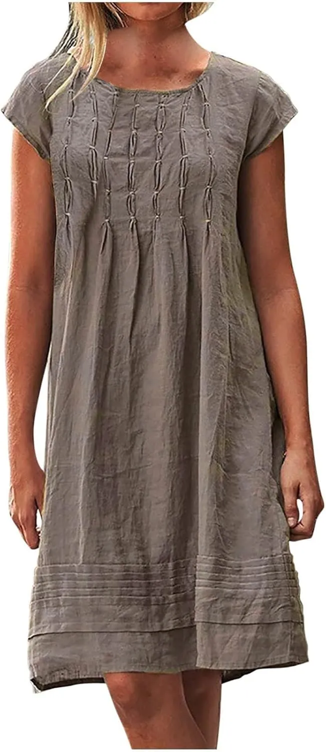 Sundresses for Women Casual Cotton Linen Mini Dress Pleated Summer T-Shirt Dresses Loose Round Neck Short Sleeve Dresses