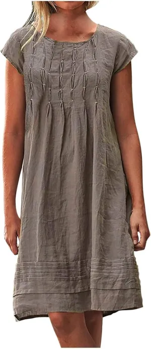 Sundresses for Women Casual Cotton Linen Mini Dress Pleated Summer T-Shirt Dresses Loose Round Neck Short Sleeve Dresses