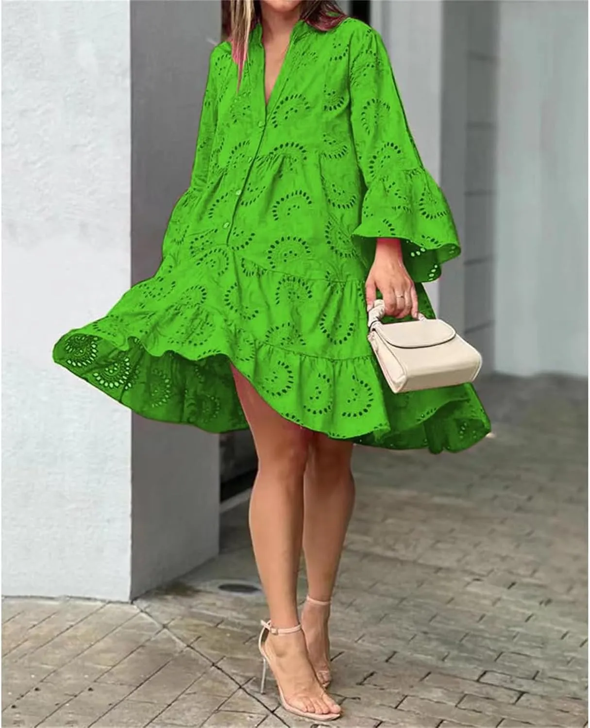 Sundresses for Women Sexy Fashion Hollow Dresses Collared Button Down Long Sleeve Dress Loose Fit Dresses 2025