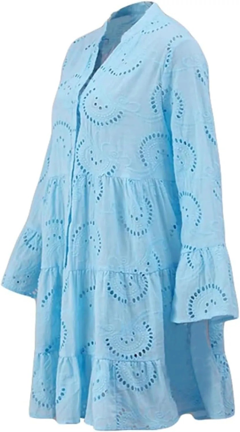 Sundresses for Women Sexy Fashion Hollow Dresses Collared Button Down Long Sleeve Dress Loose Fit Dresses 2025