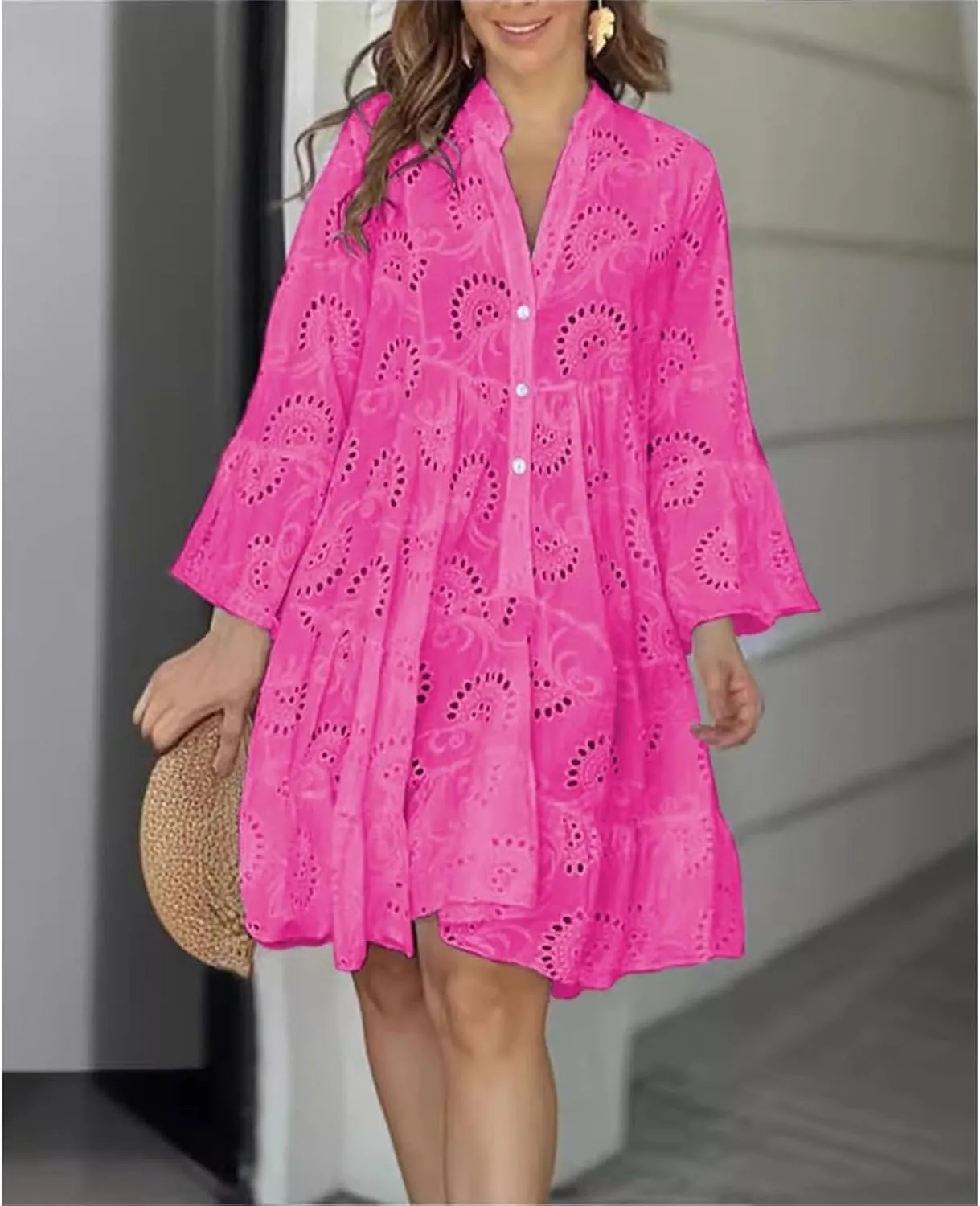 Sundresses for Women Sexy Fashion Hollow Dresses Collared Button Down Long Sleeve Dress Loose Fit Dresses 2025