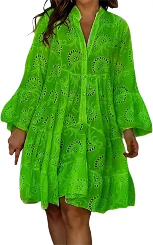 Sundresses for Women Sexy Fashion Hollow Dresses Collared Button Down Long Sleeve Dress Loose Fit Dresses 2025