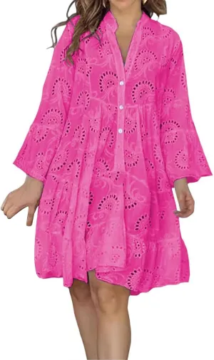 Sundresses for Women Sexy Fashion Hollow Dresses Collared Button Down Long Sleeve Dress Loose Fit Dresses 2025