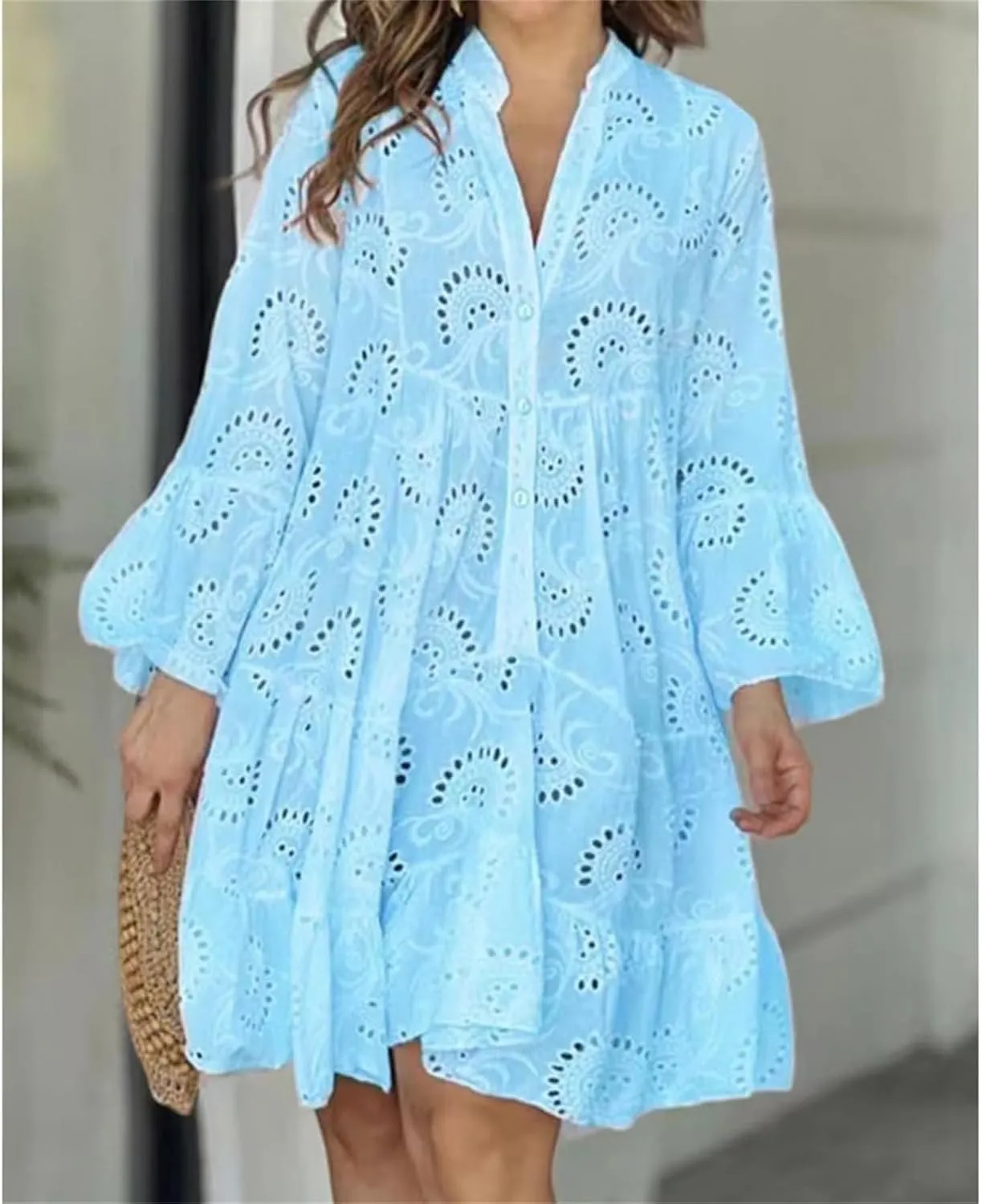 Sundresses for Women Sexy Fashion Hollow Dresses Collared Button Down Long Sleeve Dress Loose Fit Dresses 2025