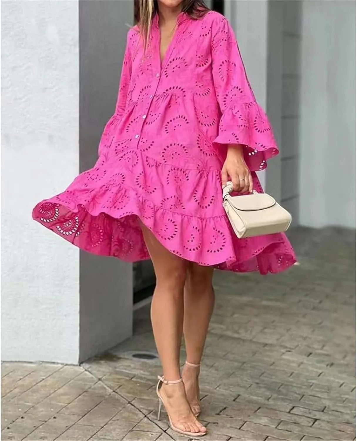 Sundresses for Women Sexy Fashion Hollow Dresses Collared Button Down Long Sleeve Dress Loose Fit Dresses 2025