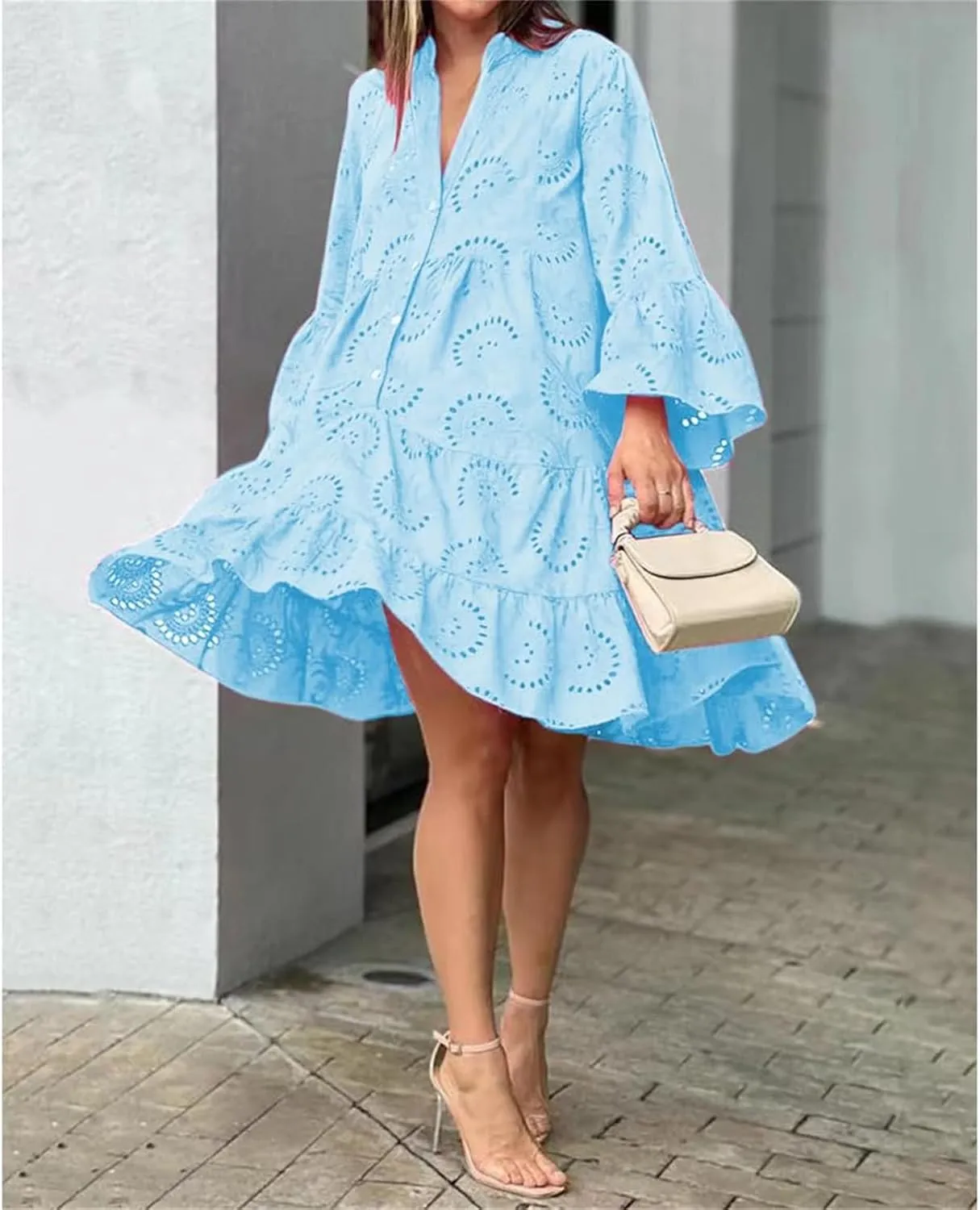 Sundresses for Women Sexy Fashion Hollow Dresses Collared Button Down Long Sleeve Dress Loose Fit Dresses 2025