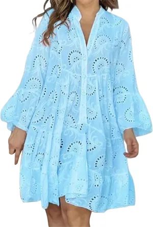 Sundresses for Women Sexy Fashion Hollow Dresses Collared Button Down Long Sleeve Dress Loose Fit Dresses 2025