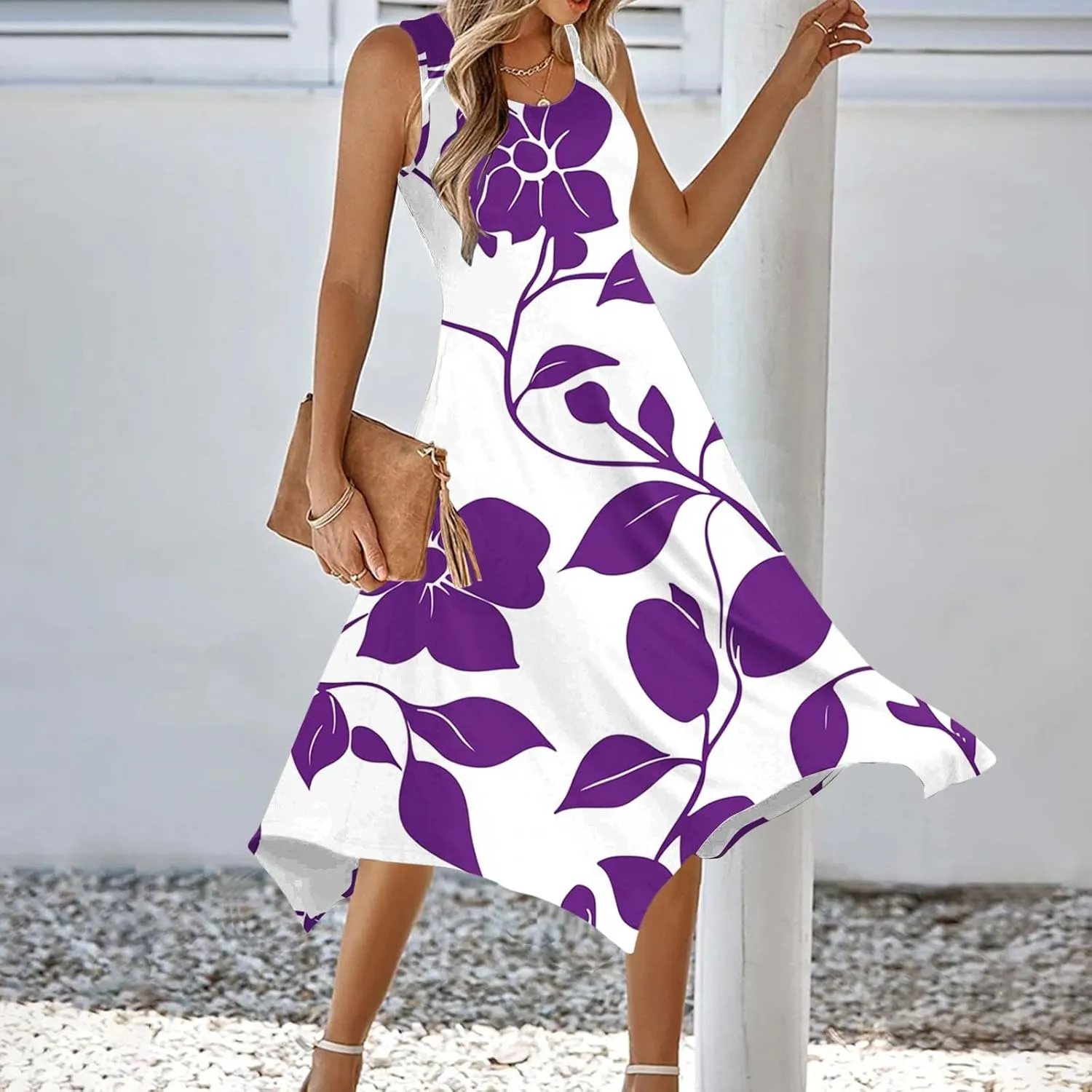 Sundresses for Women Sleeveless Summer Midi Dress Floral A Line Casual Vacation Flowy Dresses Outfits