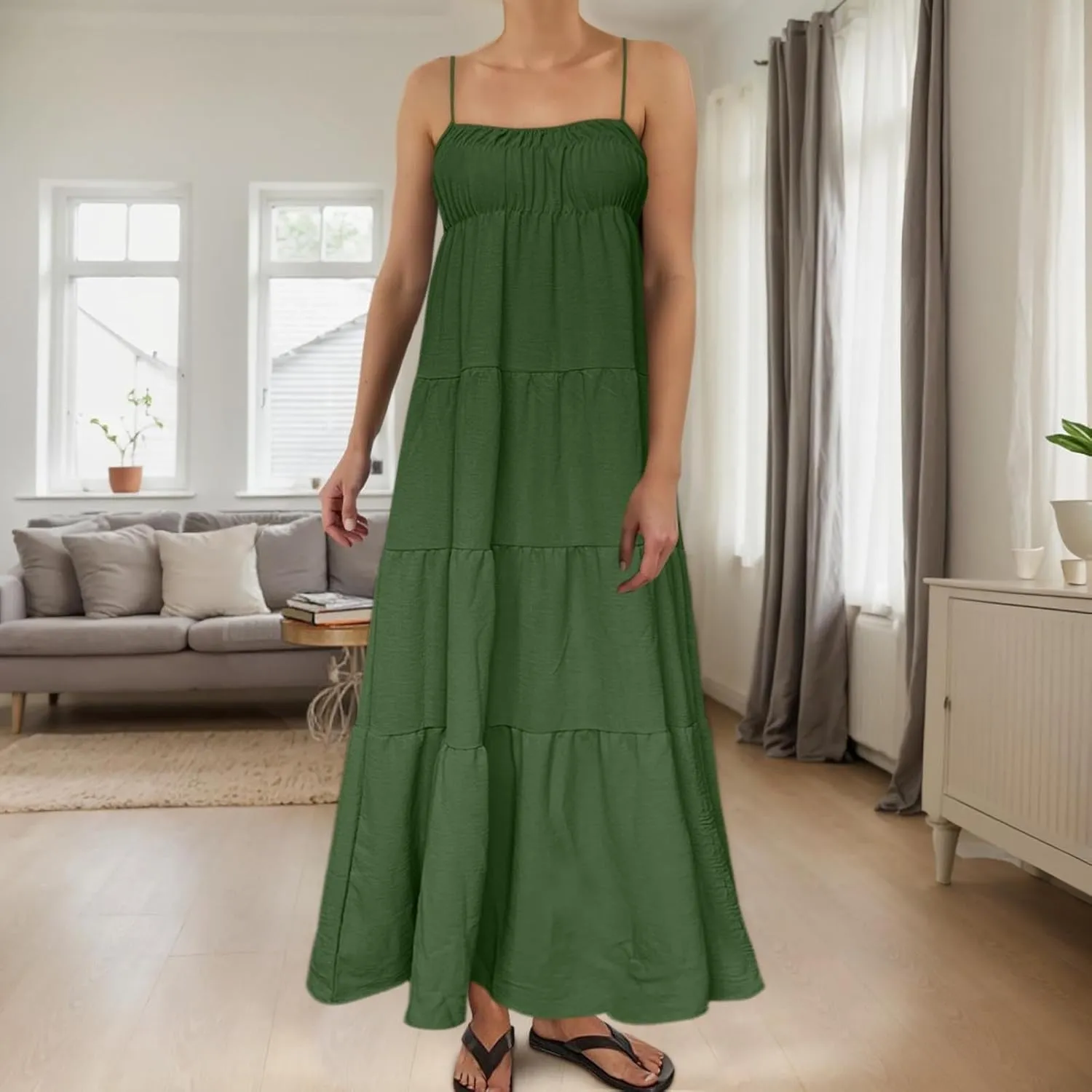 Sundresses for Women Spaghetti Strap Maxi Dresses Loose Fit The Waist Ruffle Dress Summer Beach Casual Dresses 2025