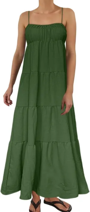 Sundresses for Women Spaghetti Strap Maxi Dresses Loose Fit The Waist Ruffle Dress Summer Beach Casual Dresses 2025