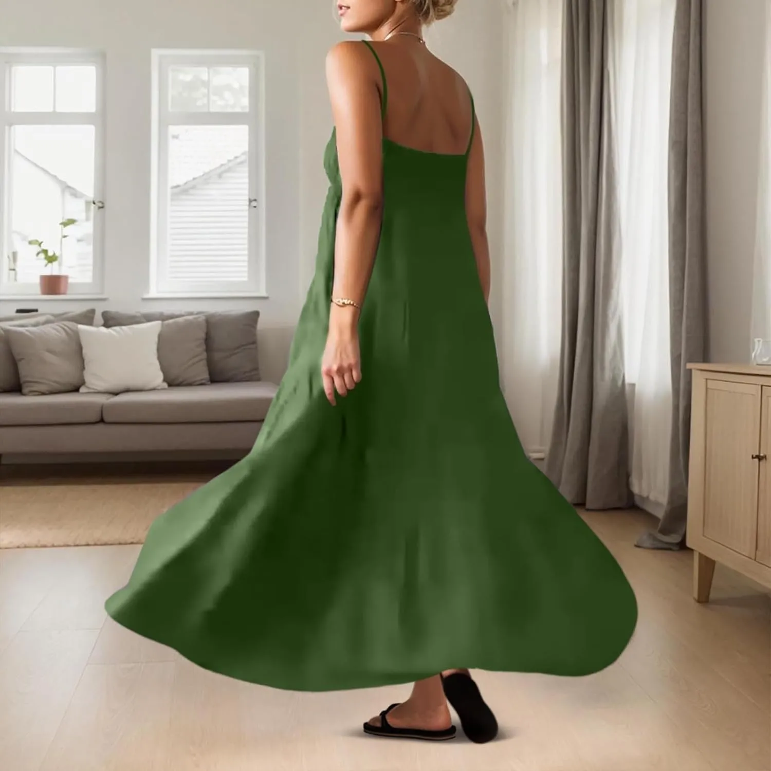 Sundresses for Women Spaghetti Strap Maxi Dresses Loose Fit The Waist Ruffle Dress Summer Beach Casual Dresses 2025