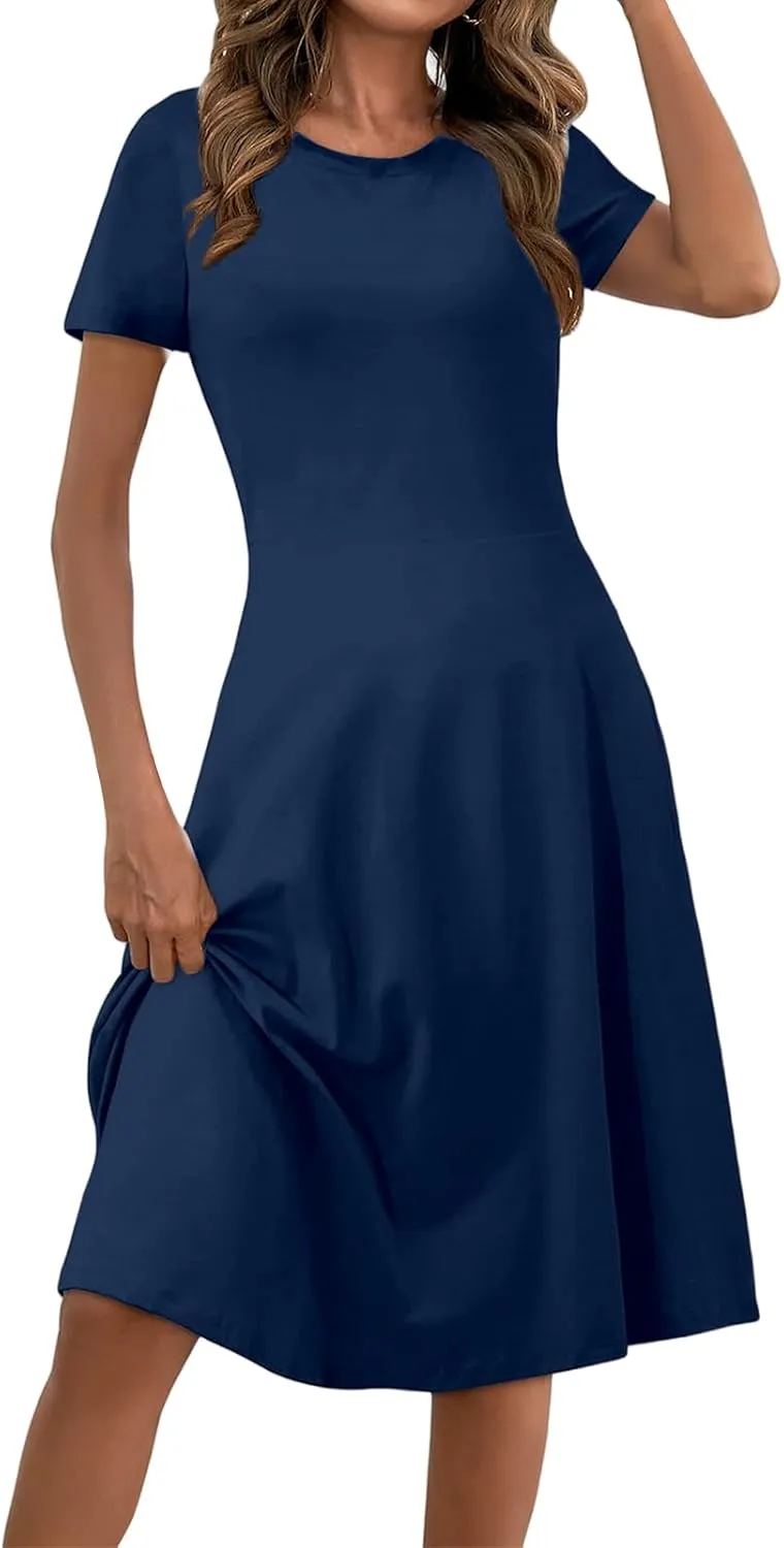 Sundresses for Women Summer Crew Neck Short Sleeve Waist Dresses Elegant Formal Dresses Modest Dress 2025