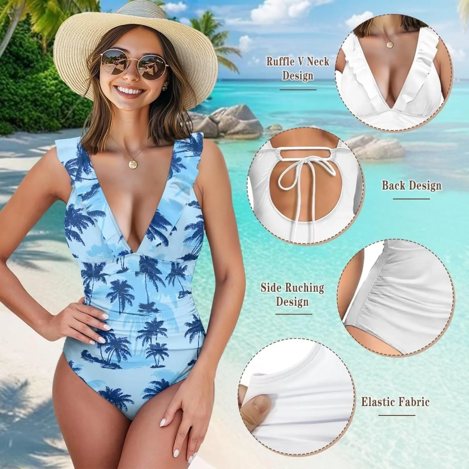 Suobstales Tummy Control Swimsuits for Women Slimming One Piece Bathing Suit Retro Ruched Push Up Vintage Padded Swimwear