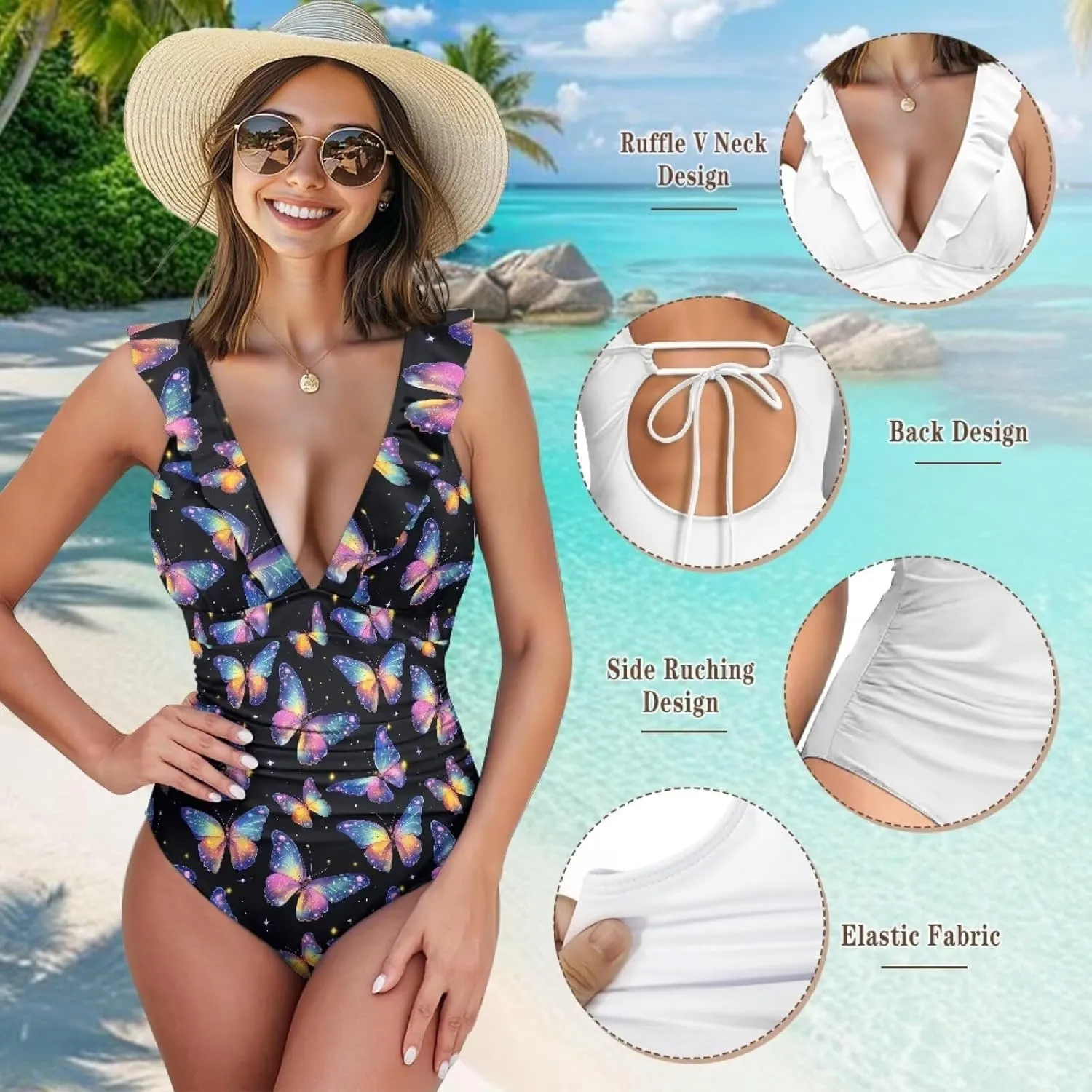 Suobstales Tummy Control Swimsuits for Women Slimming One Piece Bathing Suit Retro Ruched Push Up Vintage Padded Swimwear