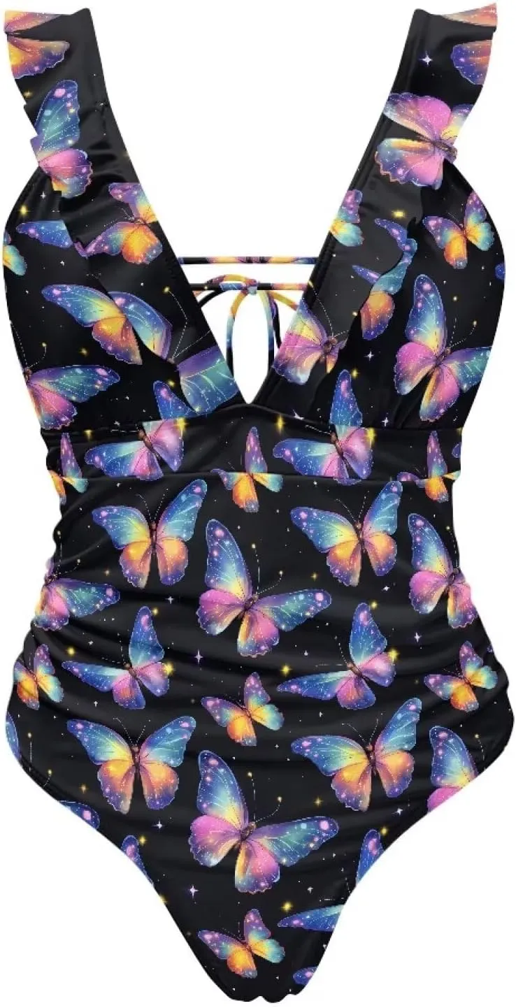 Suobstales Tummy Control Swimsuits for Women Slimming One Piece Bathing Suit Retro Ruched Push Up Vintage Padded Swimwear