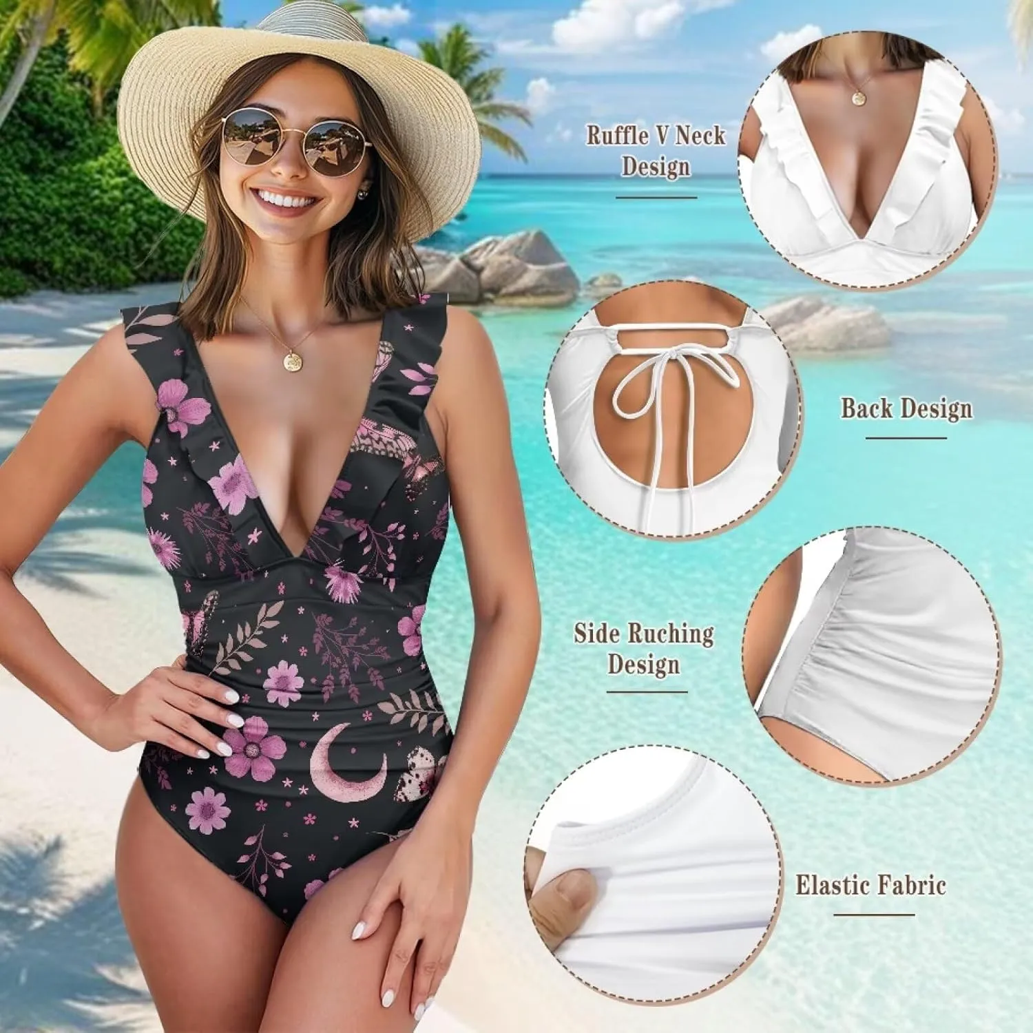 Suobstales Tummy Control Swimsuits for Women Slimming One Piece Bathing Suit Retro Ruched Push Up Vintage Padded Swimwear