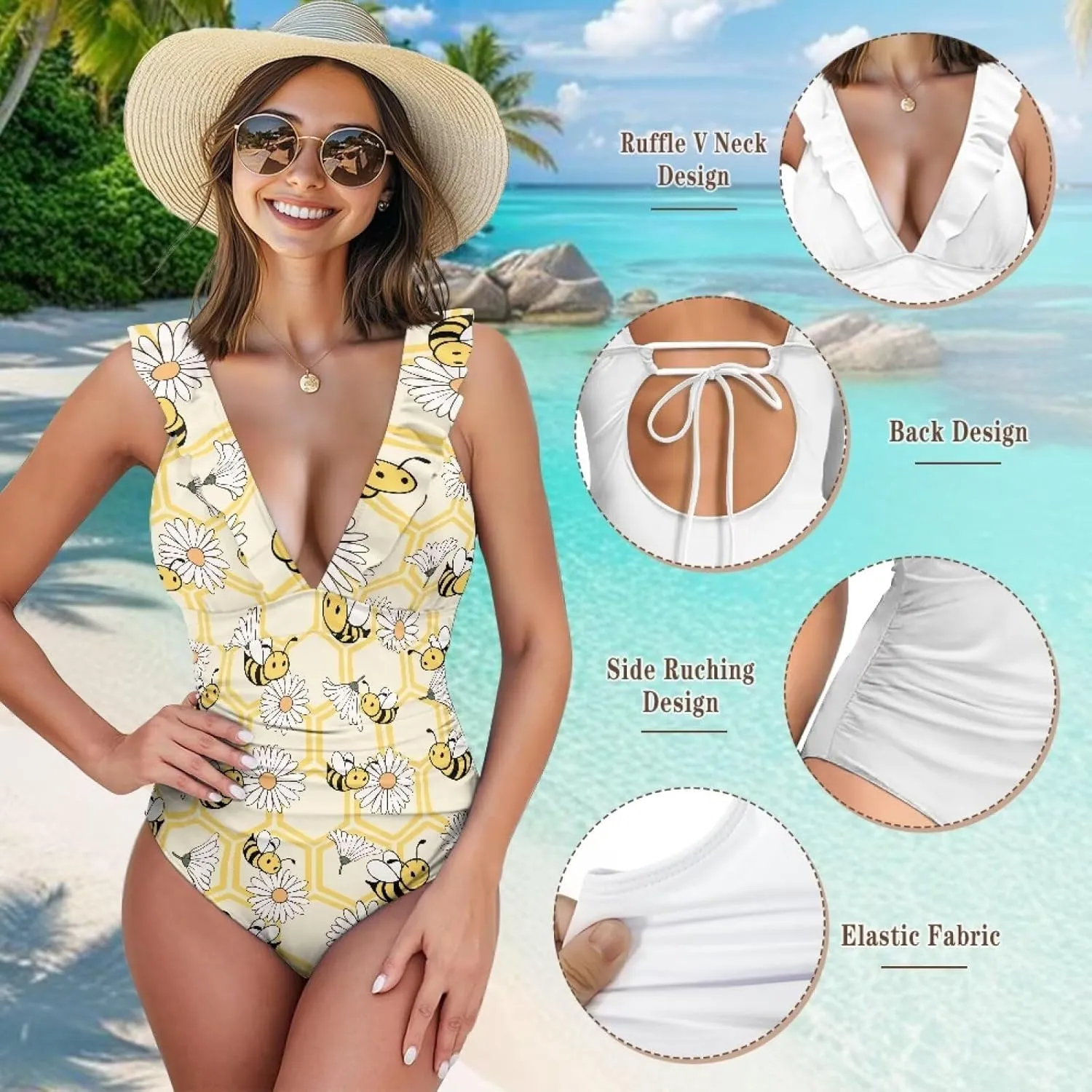 Suobstales Tummy Control Swimsuits for Women Slimming One Piece Bathing Suit Retro Ruched Push Up Vintage Padded Swimwear