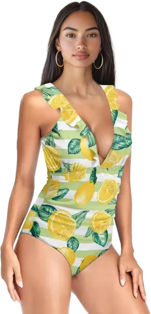 Suobstales Tummy Control Swimsuits for Women Slimming One Piece Bathing Suit Retro Ruched Push Up Vintage Padded Swimwear